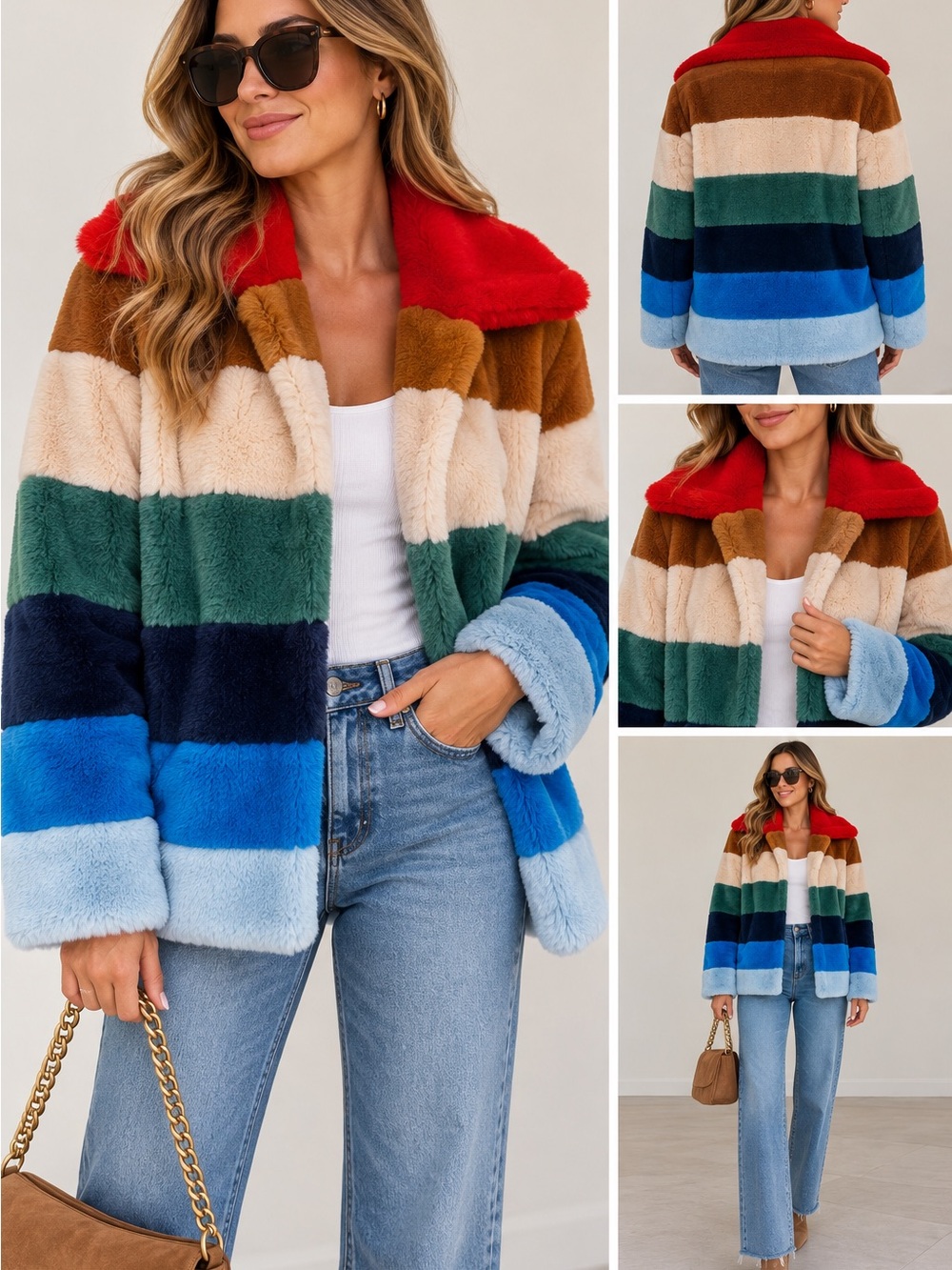 BLANKNYC Rainbow Pop Multicolor Striped Faux Fur Jacket Coat XS